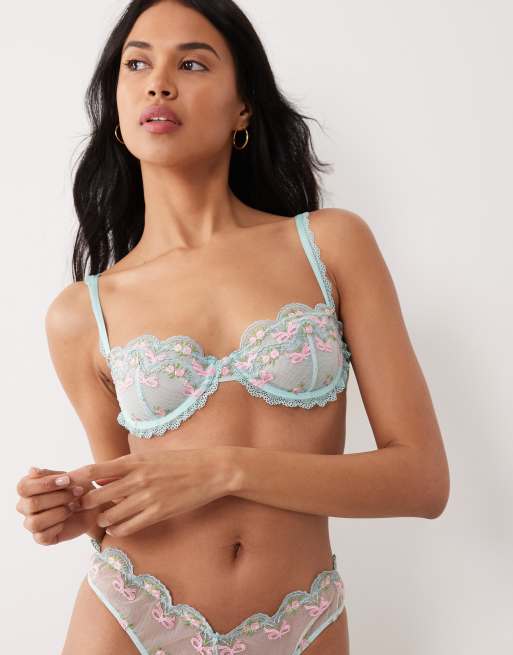 Wild Lovers Mila underwired embroidered lace bow bra in blue, 3 of 4