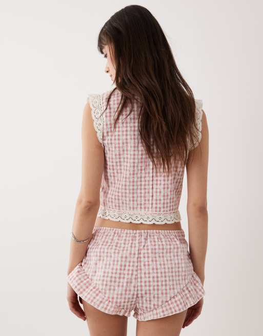 Wild Lovers - Mireille - Lyserøde shorts med gingham-tern og flæser samt blondekant, 5 af 5