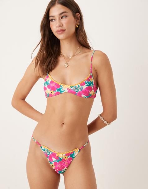 Wild Lovers Ohana floral print bikini bottom with contrast lace in pink multi  - view 1
