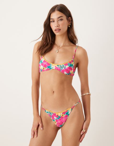 Wild Lovers Ohana floral print bikini top with contrast lace in pink multi  - view 1