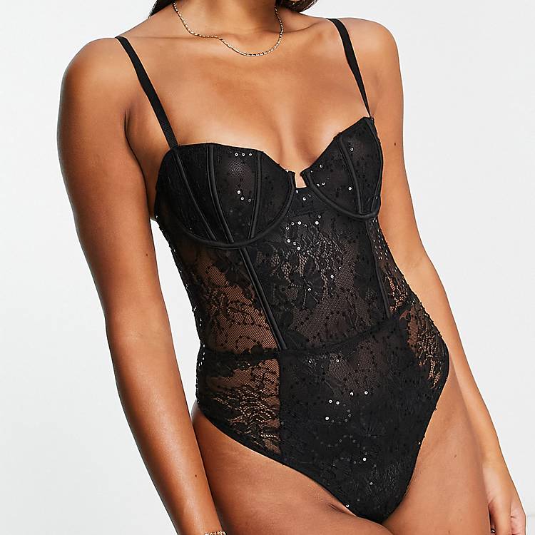 ASOS DESIGN Crystal satin and mesh underwired bodysuit with