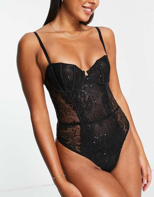 ASOS DESIGN lace insert corset bodysuit with shrug detail in black