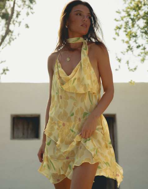 Wild Lovers Sundance floral mini beach dress with scarf in yellow - view 1