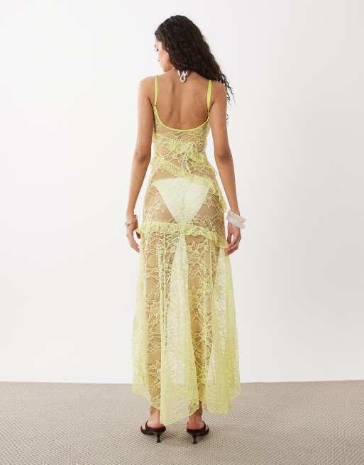 Wild Lovers - Sunkiss - Vestito da mare lungo in pizzo color lime con volant, 2 di 4