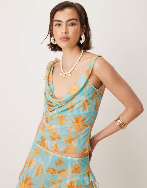 Wild Lovers Sweet Escape palm print mesh beach top in aqua (part of a set)