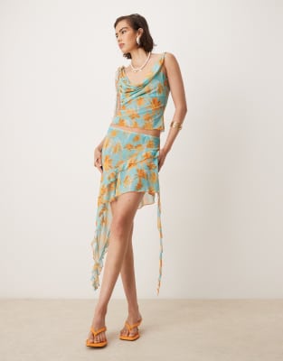 Wild Lovers Sweet Escape palm print ruffle mesh beach skirt co-ord in aqua - view 1