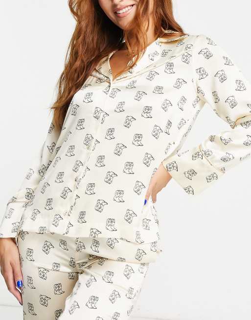 Wild Lovers Thelma polyester satin western style pajama top in cream cowboy print ASOS