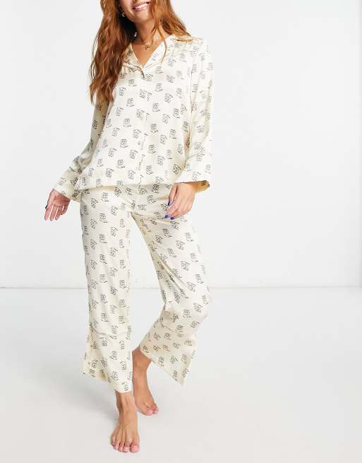 Wild Lovers Thelma satin wide leg crop pajama pants in cream cowboy print