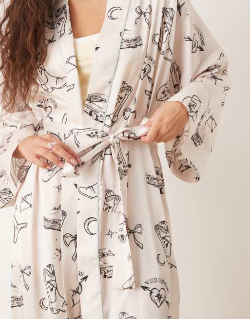 Wild Lovers Tia satin kimono with cowboy print in ivory, 4 of 4