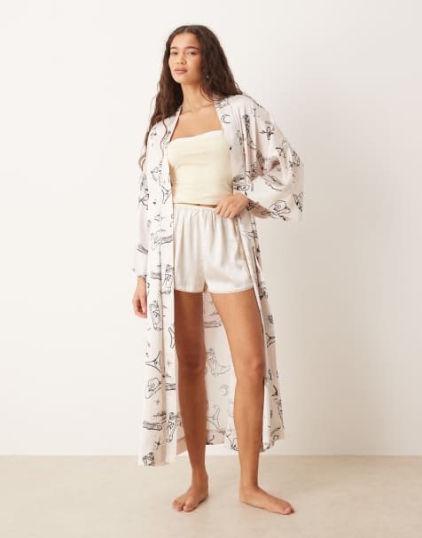 Wild Lovers Tia satin robe with cowboy print in ivory - view 1