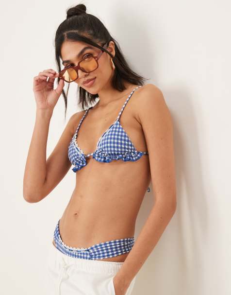 Wild Lovers Velero triangle bikini top with hem detail in blue gingham - view 1