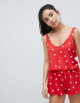 Wildfox Valentines All Over Heart Crop Pajama Top-Red