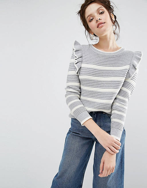 Willow and Paige Ribbed Jumper In Breton Stripe With Shoulder Ruffle