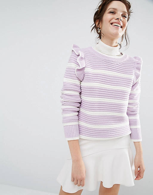 Willow and Paige Ribbed Sweater In Breton Stripe With Shoulder Ruffle