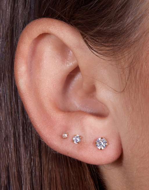 With Bling - 18 karaats vergulde set piercings met eenvoudige knopjes met zirkonia en een titanium staafje van 6mm