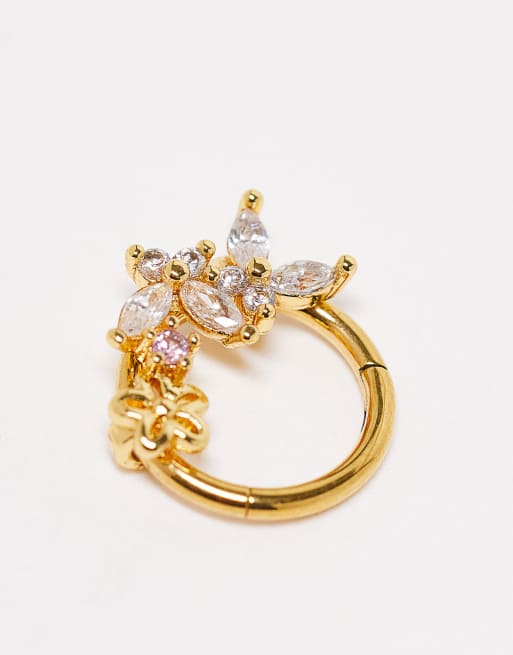 With Bling 18k gold plated 8mm clicker hoop piercing with butterfly and flower design, 3 of 4
