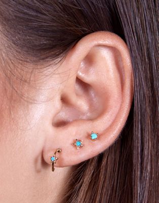 With Bling 18k gold plated barbell piercing stacking set with turquoise star designs