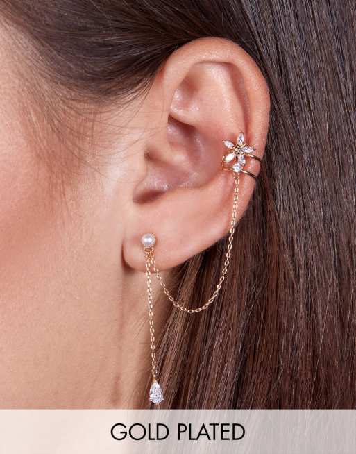 With Bling - 18k vergulde set van oorbellen met parel en oorcuff met bloem voor linkeroor