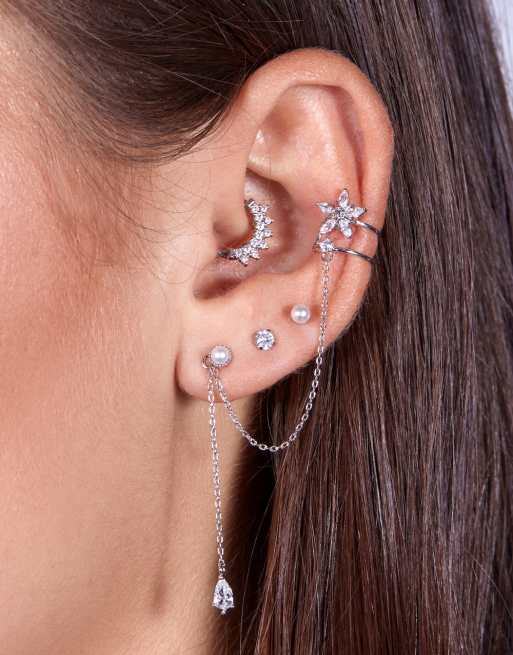 With Bling - Bijou d'oreille pour oreille gauche en plaqué argent avec chaîne ornée d'une perle et d'une fleur, 2 de 4
