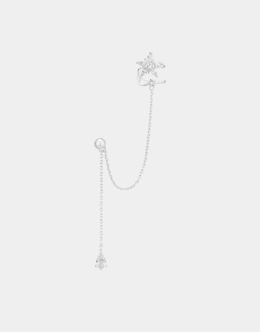 With Bling - Bijou d'oreille pour oreille gauche en plaqué argent avec chaîne ornée d'une perle et d'une fleur, 3 de 4