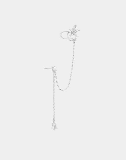With Bling - Bijou d'oreille pour oreille gauche en plaqué argent avec chaîne ornée d'une perle et d'une fleur, 4 de 4