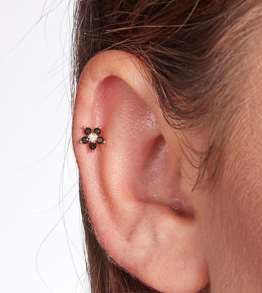 With Bling black crystal 5-petal piercing with 6mm titanium bar in gold plate
