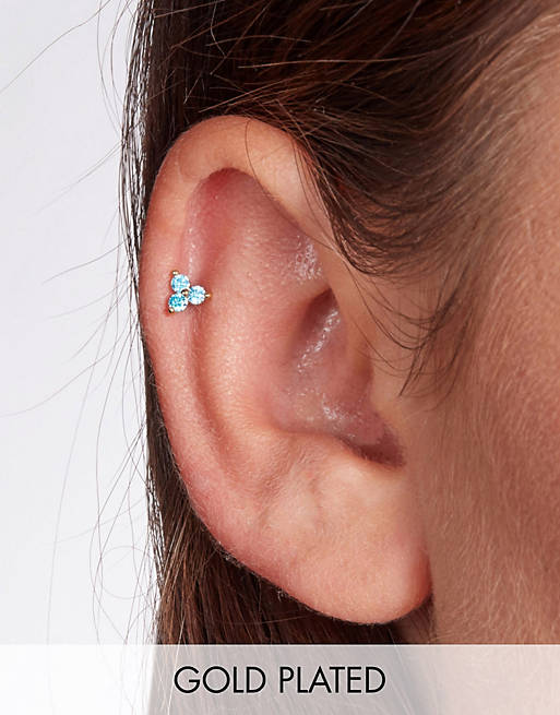 With Bling blue crystal 3-petal piercing with 6mm titanium bar in gold plate