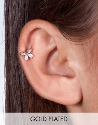 With Bling crystal butterfly shape labret earring with 6mm & 8mm titanium bar in gold plate