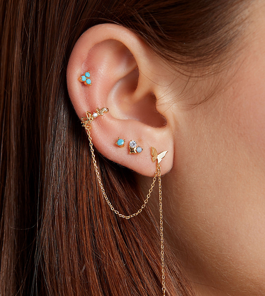 With Bling Crystal Butterfly Stud Earring & Chained Ear Cuff For Right Ear In Gold Plate