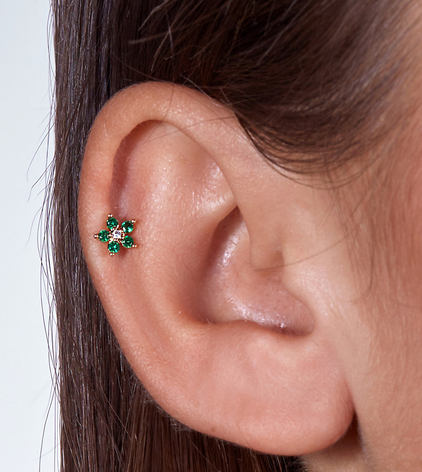 With Bling emerald green flower labret earring with 6mm & 8mm titanium bar in gold plate