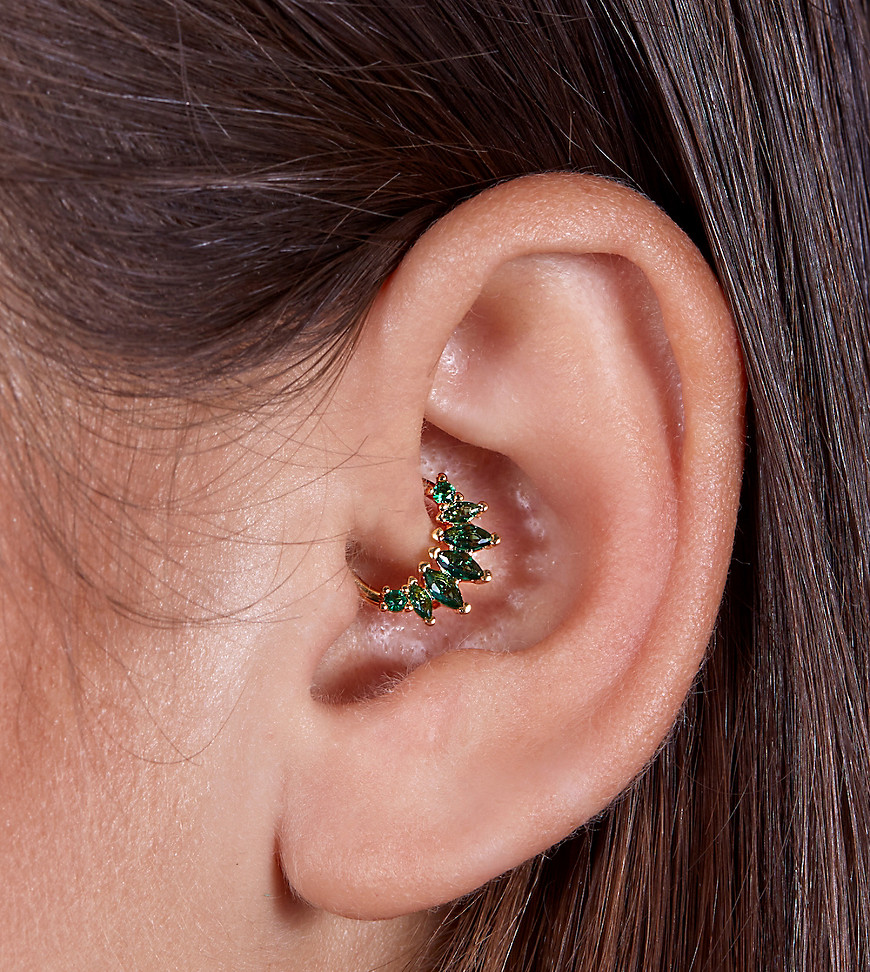 With Bling Exclusive 18k gold plated marquise 8mm clicker hoop piercing with green crystal