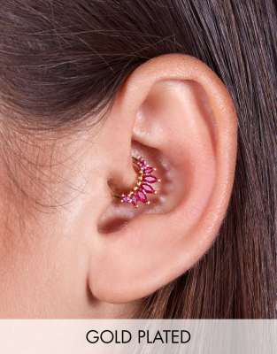 With Bling Exclusive 18k gold plated marquise 8mm clicker hoop piercing with pink crystal