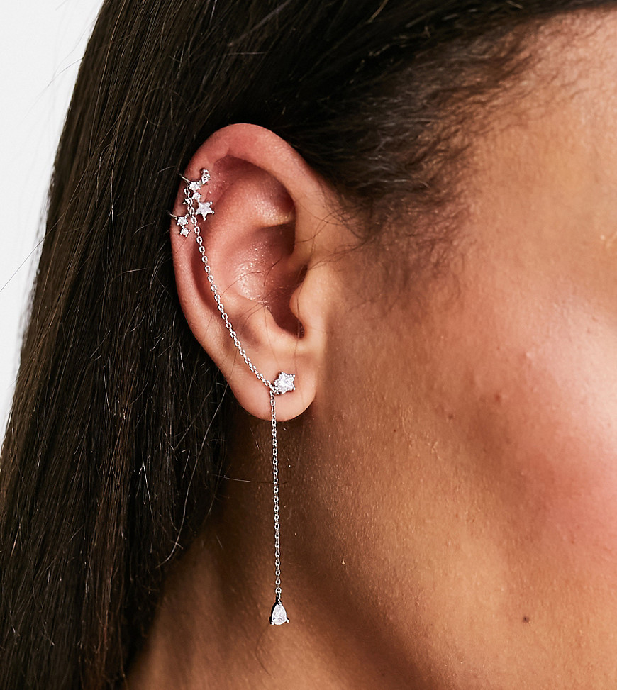 With Bling Exclusive Crystal Star Stud Earring & Chained Ear Cuff For Left Ear In Silver Plate