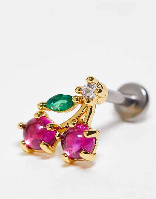 With Bling – Exclusive – Piercing mit Schmuckstein-Kirsche, 18-Karat-Vergoldung und 6 mm und 8 mm langem Titanstab, 3 von 4
