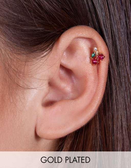 With Bling Exclusive – Pierścionek do piercingu platerowany 18-karatowym złotem, z motywem wisienek i pręcikiem tytanowym 6 i 8 mm