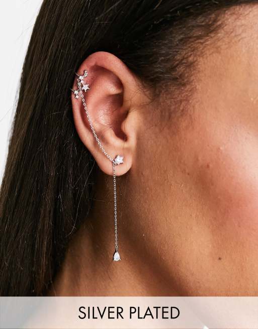 With Bling Exclusive – Posrebrzany kolczyk wkrętek z kryształkiem i łańcuszkiem