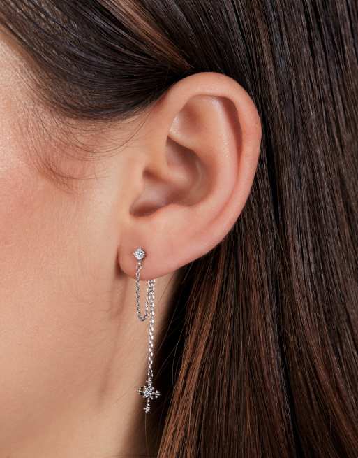 With Bling Exclusive – Posrebrzany labret z łańcuszkiem i krzyżem zdobionym kryształkiem