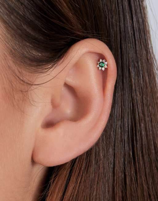 With Bling Exclusive semi precious emerald flower labret earring with 6mm 8mm titanium bar in gold plate