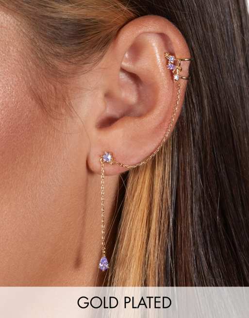 With Bling – Exklusiv – Ohrmanschette und Kettenohrring fürs linke Ohr mit Vergoldung und Halbedelstein in Lavendel