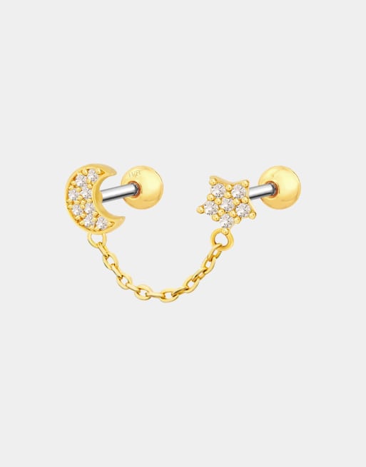 With Bling - Guldbelagte øreringe med vægtstangsdesign og dobbelt kæde med måne- og stjerneender, 3 af 4