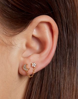 With Bling moon and star double chain barbell earrings in gold plate