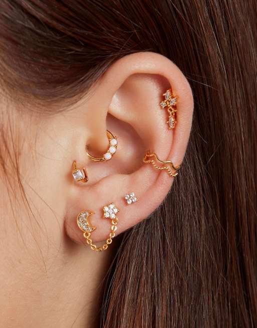 With Bling - Orecchini placcati oro con doppia barretta e catenina con luna e stella, 2 di 4