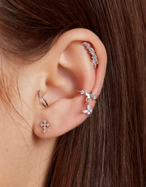With Bling - Orecchino ear cuff placcato argento con pendente in cristallo a forma di farfalla