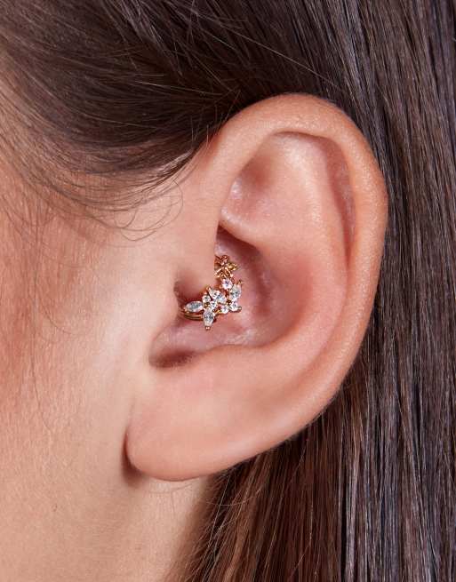With Bling - Piercing a cerchio da 8 mm placcato oro 18 carati con chiusura a scatto e design con farfalla e fiore