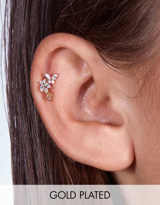 With Bling - Piercing d'oreille motif fleur et papillon en plaqué or 18 carats avec tige en titane 6 mm et 8 mm