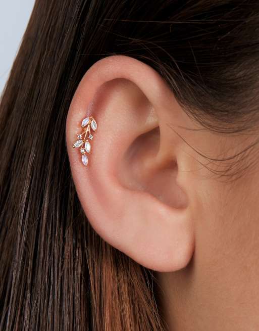 With Bling - Piercing labret style feuilles avec zircons cubiques et barre 6 et 8 mm en titane plaqué or