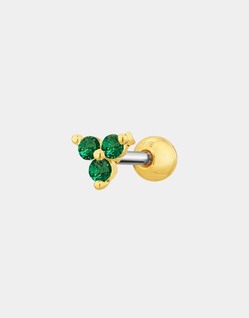 With Bling - Piercing van 6 mm met drie groene bloemblaadjes en titanium staafje verguld met goud, 2 van 4