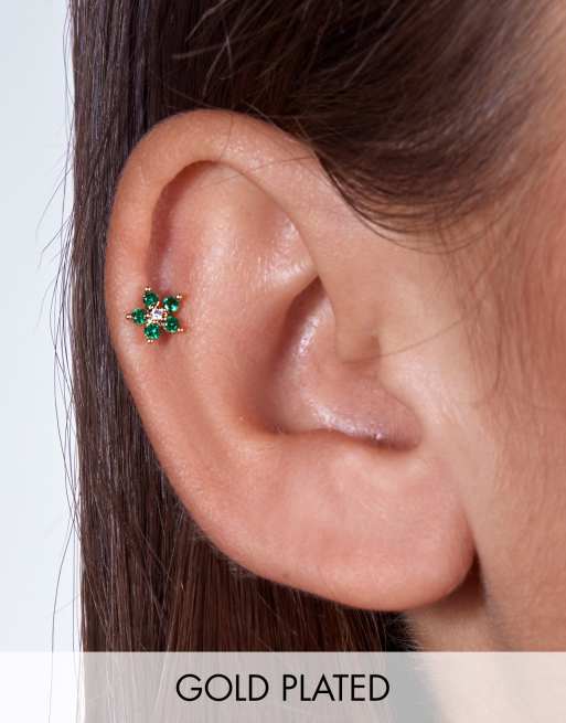 With Bling – Pozłacany kolczyk ze szmaragdowozielonym kwiatkiem i tytanowym sztyftem 6 mm & 8 mm