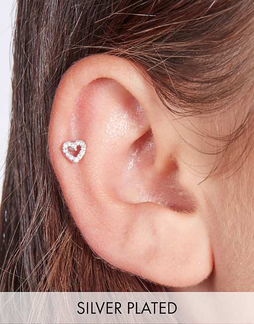 With Bling tiny crystal heart piercing with 6mm titanium bar in silver plate