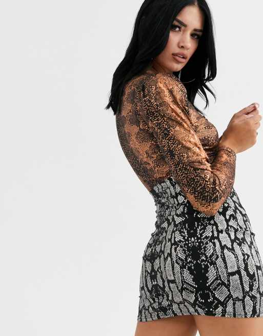 Without You Ring Detail Cut Out Long Sleeve Mini Dress In Contrast Snake Print Asos